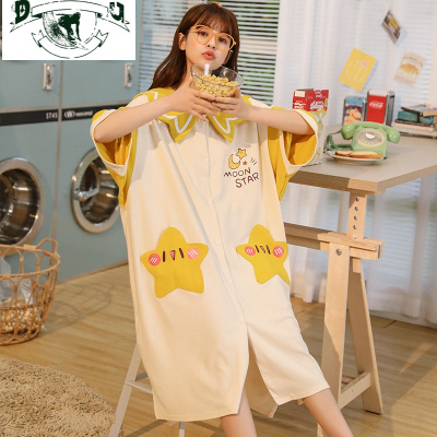 HLCOMAN睡衣女夏季棉短袖薄款韩版星星睡裙可爱夏天宽松大码睡袍女春秋睡裙