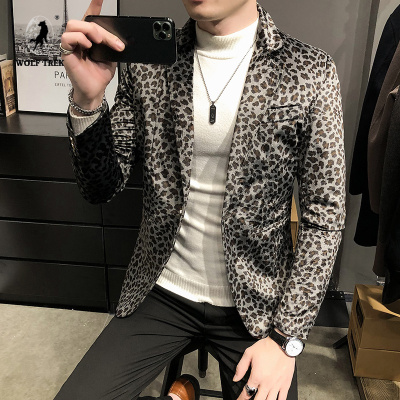 七匹狼国际公司授权WOLFTREK-男歌手演出服潮流夜店EXO豹纹西装酒吧dj韩版潮男修身单件小西服