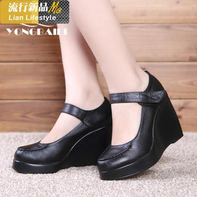 2020年春秋新款时尚真皮女鞋浅口头层牛皮厚底坡高跟单鞋知义(ZHIYI)休闲鞋