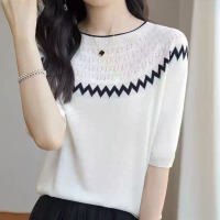 夏季女装新款曲珠冰麻丝短袖女针织衫T恤女圆领背心上衣_909