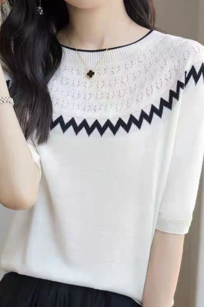 夏季女装新款曲珠冰麻丝短袖女针织衫T恤女圆领背心上衣