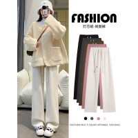 白色灯芯绒裤子女秋冬季加绒小个子雪尼尔阔腿针织窄版直筒休闲裤