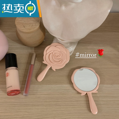 敬平馨帮帮杂货铺 玫瑰花朵小号化妆镜手持补妆镜学生便携随身小镜子 粉红色便携式用镜