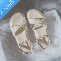 SUNTEK时装女凉鞋夏季韩版百搭厚底软底鞋珍珠一字带扣带露跐外穿平底鞋