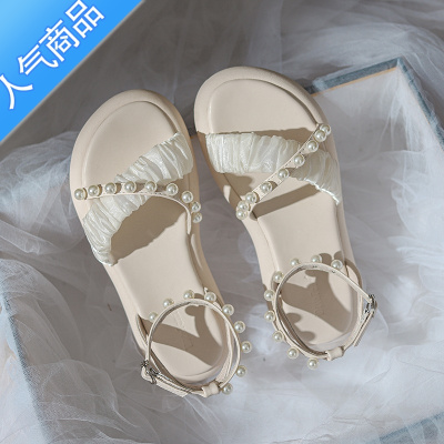 SUNTEK时装女凉鞋夏季韩版百搭厚底软底鞋珍珠一字带扣带露跐外穿平底鞋