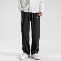 直筒冰丝裤男士夏季纯色简约港风宽松型大码垂感拖地长裤_1_382