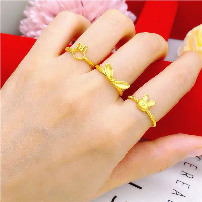仿金沙金兔子戒指高级感女不掉色镀金生肖兔指环小众简约日韩饰品送女朋友老婆情人节七夕生日礼物
