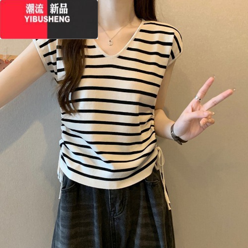 YIBUSHENG冰丝针织短袖条纹正肩t恤女2024新款季小个子v领小飞袖无袖上衣