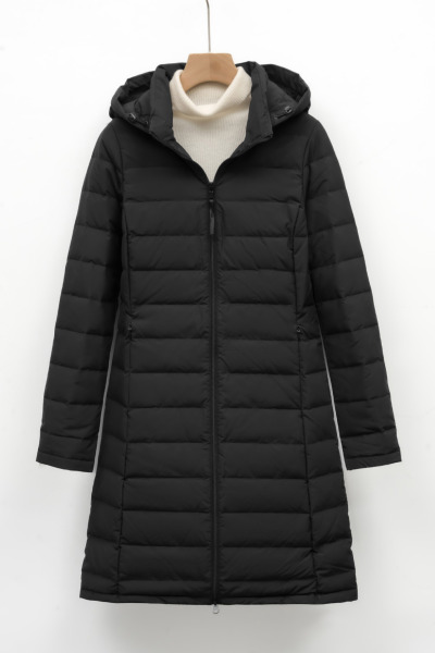 新款女式90绒纯色女装连帽带帽无缝羽绒服中长款大码外套_751031