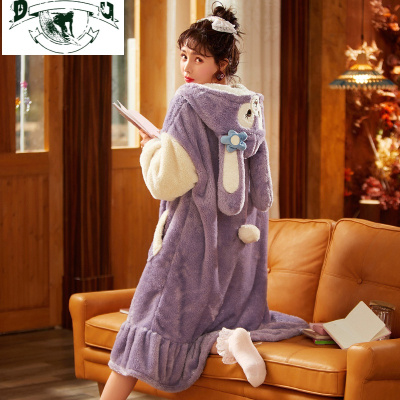 HLCOMAN睡衣女士秋冬季珊瑚绒睡袍长款加厚加绒法兰绒浴袍可外穿可爱睡裙