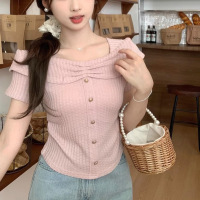 纯欲风方领短袖T恤女式夏季新款韩版显瘦时尚设计感辣妹短款上衣