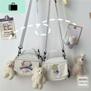 韩国ins古着感可爱小熊少女帆布小方包日系原宿学生百搭斜挎包女NEW LAKE女斜挎包