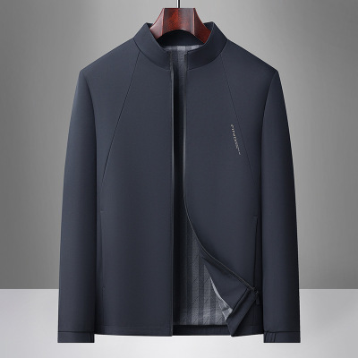 立领拉链商务休闲男士夹克中年爸爸装秋季新款纯色拉链外套男