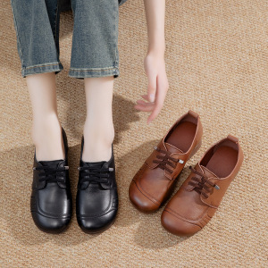 英伦风牛筋底妈妈鞋真皮秋季新款中老年舒适软底女鞋百搭粗跟单鞋