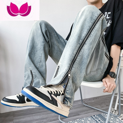 七斓侧边拉链牛仔裤男美式高街设计感开叉直筒裤潮牌ins痞帅长裤