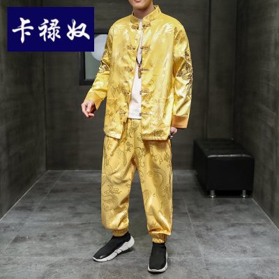卡禄奴2021春夏中国风男装刺绣唐装汉服宽松大码套装青年冰丝套装两件套