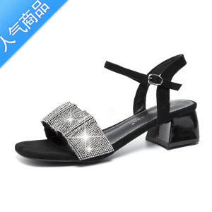 SUNTEK粗跟水钻一字带凉鞋女仙女风2022夏新款配裙子中跟时装高跟女鞋子