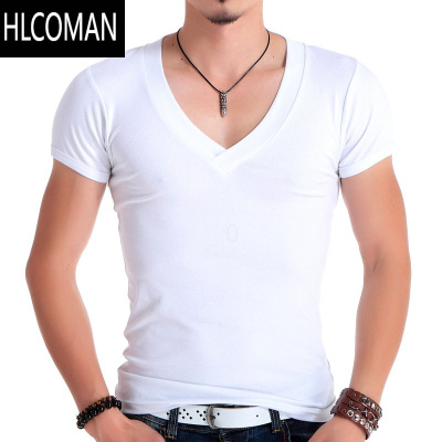 HLCOMAN男紧身T恤男款短袖大V领健身上衣韩版修身型 超爽滑高弹力莱卡棉