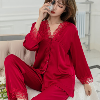 季冰丝绸睡衣女结婚喜气新娘大红色家居服甜美公主丝质套装薄