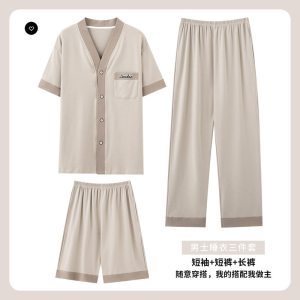 男士开衫棉质睡衣休闲舒适可外穿和服三件套简约透气短袖短裤