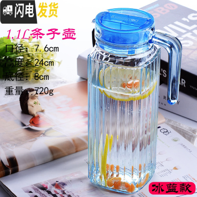 三维工匠玻璃冷水壶家用耐热可高温水壶茶壶防爆凉水壶果汁扎壶套装 1.1四方条纹(冰蓝)茶具