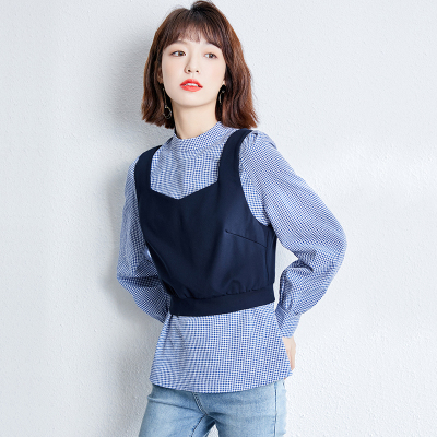 子沫雨格子衬衫女设计感小众T恤套装2021春装新款泡泡袖上衣马甲背心两件套