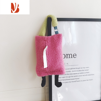 三维工匠车载客厅悬挂纸巾袋毛绒可爱趣味抽挂式床头车内纸盒纸抽袋纸巾套 玫红色 手提脚丫纸巾袋