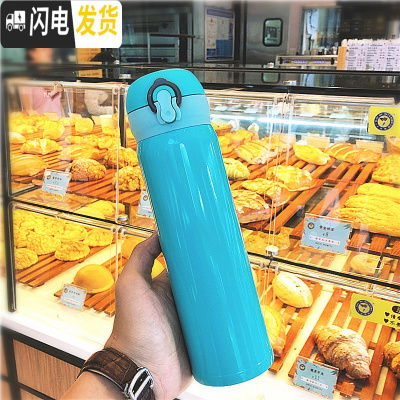 三维工匠创意简约纯色大容量不锈钢保温杯男女运动水瓶韩版可爱学生水杯子 大号绿色500送杯刷+杯套