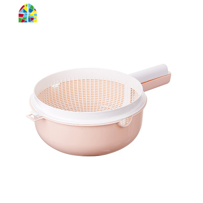 双层带手柄洗菜盆厨房洗菜篮子家用有把手勺子客厅水果盘 FENGHOU 双层有柄米色