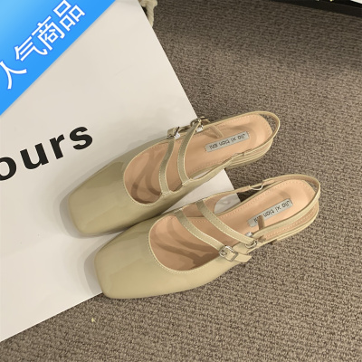 SUNTEK漆皮方头单鞋女2023年新款韩版法式仙女风气质休闲包头凉鞋女夏款