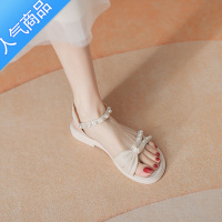 SUNTEK2023今年夏新款百搭学生软底仙女风珍珠一字带配裙子的凉鞋女平底