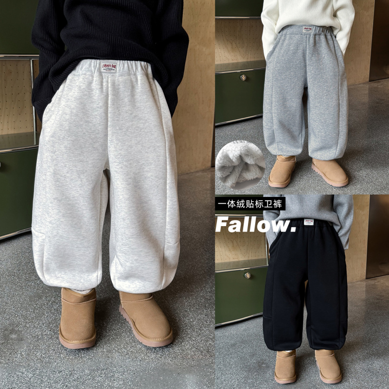 童酷男童冬款百搭字母贴标宝宝休闲裤纯色加绒保暖儿童卫裤潮