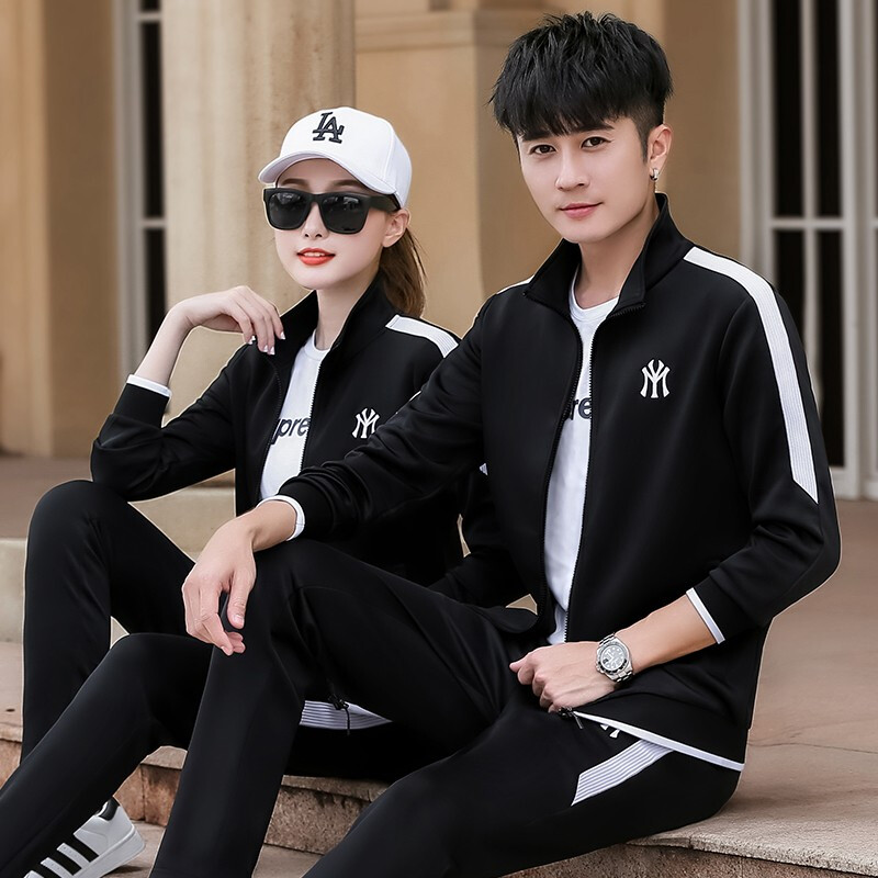 均妮 品牌情侣运动套装春秋三件套韩版运动装情侣装2021新款跑步百搭