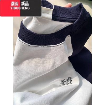 YIBUSHENG国潮牌短袖t恤女2024宽松拼色设计感小众复古美式半袖上衣