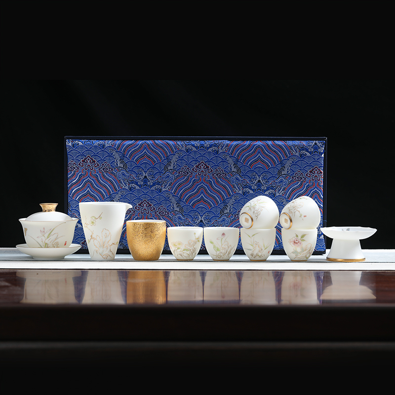 MULTIPOTENT整套茶具羊脂玉中国白功夫茶具套装圆融盖碗金杯套组(六度花神)