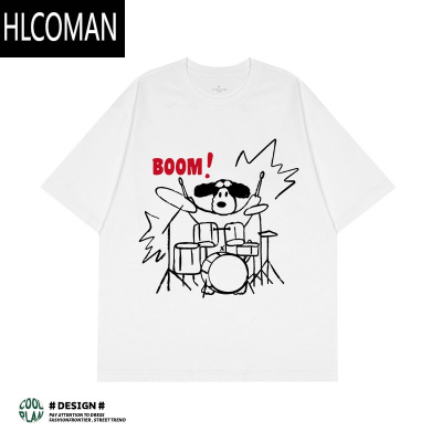 HLCOMAN美式手绘摇滚小狗架子鼓涂鸦印花圆领短袖慵懒休闲宽松上衣男女