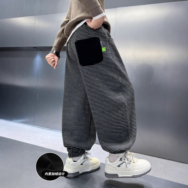 男童加绒裤子一体绒新款加厚中大童运动裤秋冬儿童条纹休闲裤