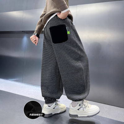 男童加绒裤子一体绒新款加厚中大童运动裤秋冬儿童条纹休闲裤