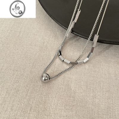 JiMi双层钛钢圆珠方块项链女秋冬不掉色高级感卫衣链ins简约百搭配饰