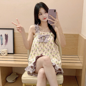 带胸垫睡衣女士夏季碎花云朵棉无袖背心吊带短裤家居服套装可外穿