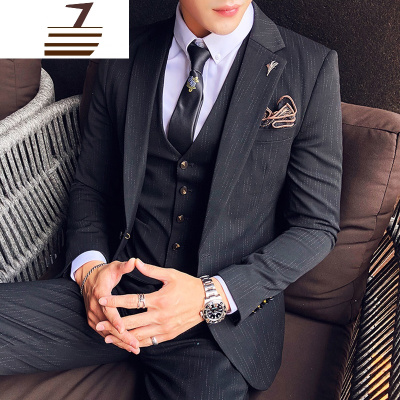 NEWLAKE四季款英伦虚条纹单粒扣西服套装修身型韩版商务免烫西装三件套男