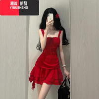 YIBUSHENG收腰显瘦法式复古红色海边度假短裙子女纯欲辣妹不规则吊带连衣裙