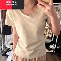 YIBUSHENG正肩短袖u领t恤女装季2023年新款棉质修身低圆领基础款上衣