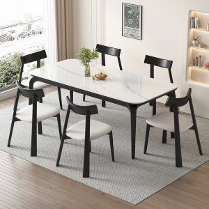 欧梵森 餐桌 北欧轻奢实木岩板餐桌椅组合现代简约橡胶木家用小户型长方形饭桌