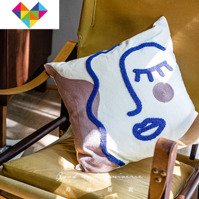 梦中人原创北欧极简立体手工刺绣人脸抱枕靠包帆布御蓝锦