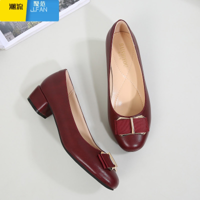 聚范妈妈鞋皮鞋喜婆婆中老年婚宴婚礼红色中跟单鞋女粗跟高跟鞋软