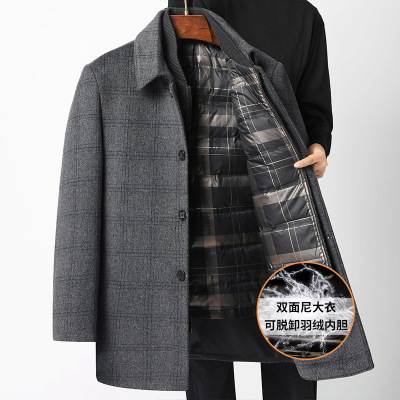 秋冬羽绒内胆脱卸双面呢大衣男中老年呢外套中长款羊毛大衣爸爸装