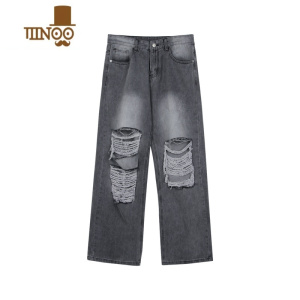 YANXU 水洗做旧破洞直筒牛仔裤男高腰休闲长裤小众高街阔腿裤潮