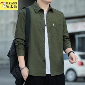 啄木鸟长袖衬衫新款工装外套宽松版高档正品纯色寸衫纯棉休闲百搭