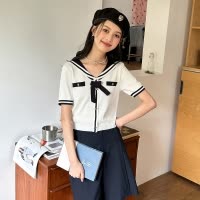 [2.5折价84元]唐狮领短袖T恤女休闲夏季新款学院风短款上衣白色甜美体恤F